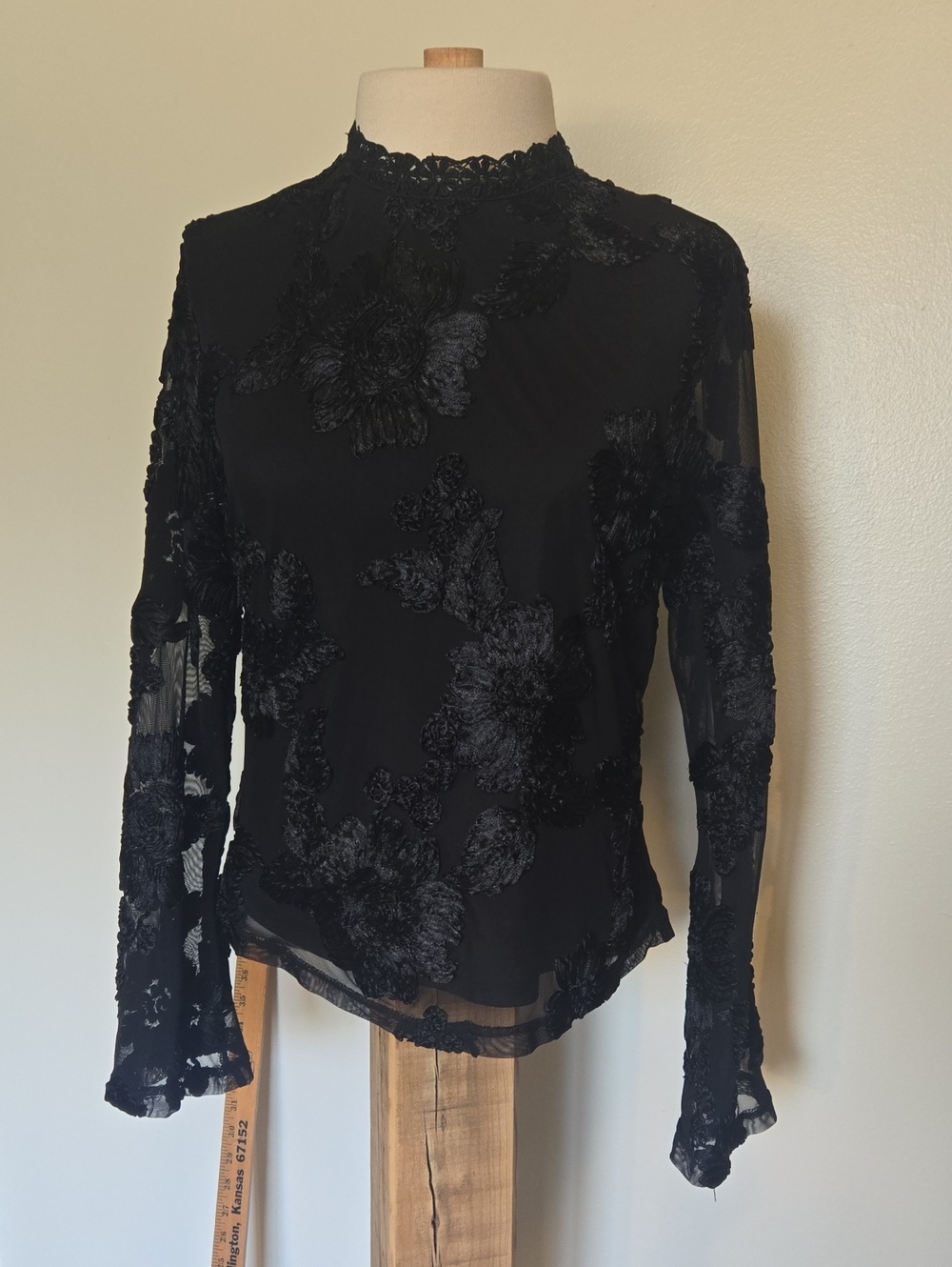 Ultra Pink Black Floral Lace Mock-Neck Long Sleeve Top
